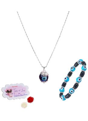 Handmade rakhi combo couple pair sky blue evil eye unisex bracelet and pendant set silver plated for bhaiya bhabhi 1