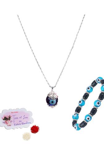 Handmade rakhi combo couple pair sky blue evil eye unisex bracelet and pendant set silver plated for bhaiya bhabhi