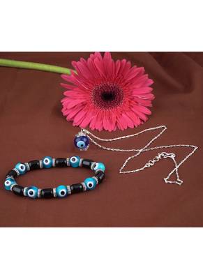 Handmade rakhi combo couple pair sky blue evil eye unisex bracelet and pendant set silver plated for bhaiya bhabhi 2