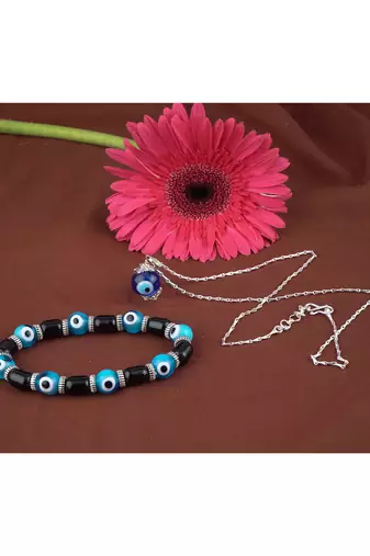 Handmade rakhi combo couple pair sky blue evil eye unisex bracelet and pendant set silver plated for bhaiya bhabhi