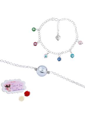 Handmade rakhi combo couple pair silver bead bracelet and colorful evil eye for bhaiya bhabhi 1