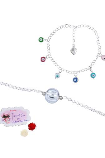 Handmade rakhi combo couple pair silver bead bracelet and colorful evil eye for bhaiya bhabhi