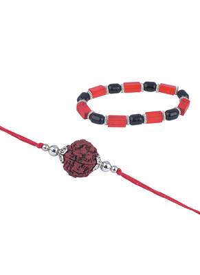 Handmade rakhi combo couple pair panch mukhi rudraksh rakhi and maroon unisex stretchable bracelet for bhaiya bhabhi 4