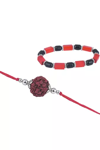 Handmade rakhi combo couple pair panch mukhi rudraksh rakhi and maroon unisex stretchable bracelet for bhaiya bhabhi