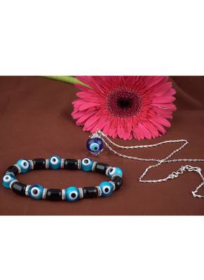 Handmade rakhi combo couple pair sky blue evil eye unisex bracelet and pendant set silver plated for bhaiya bhabhi 3