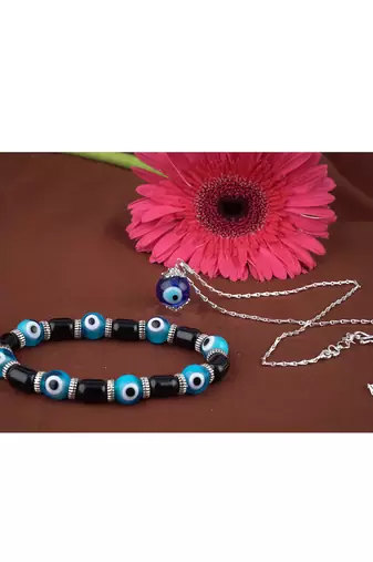 Handmade rakhi combo couple pair sky blue evil eye unisex bracelet and pendant set silver plated for bhaiya bhabhi