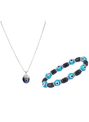 Handmade rakhi combo couple pair sky blue evil eye unisex bracelet and pendant set silver plated for bhaiya bhabhi 4