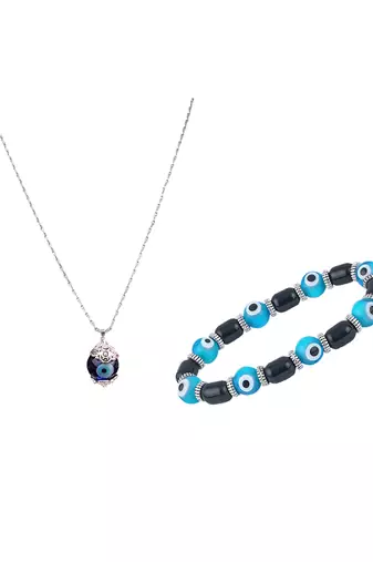 Handmade rakhi combo couple pair sky blue evil eye unisex bracelet and pendant set silver plated for bhaiya bhabhi