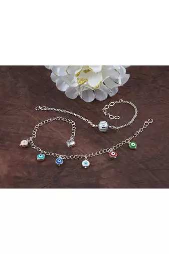 Handmade rakhi combo couple pair silver bead bracelet and colorful evil eye for bhaiya bhabhi