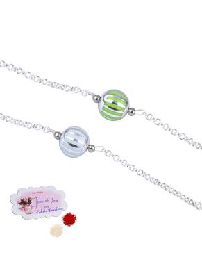 Handmade combo of 2 beaded rakhis green white with silver chain for brother bhaiya 1