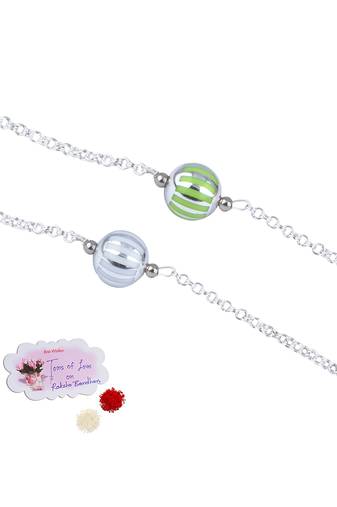 Handmade combo of 2 beaded rakhis green white with silver chain for brother bhaiya