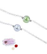 Handmade combo of 2 beaded rakhis green white with silver chain for brother bhaiya