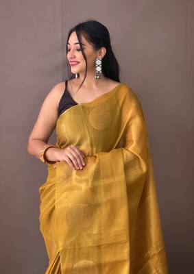 Golden Tissue Silk Zari weaving Thread work saree with Blouse 1