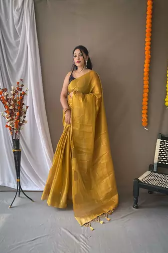 Golden Tissue Silk Zari weaving Thread work saree with Blouse