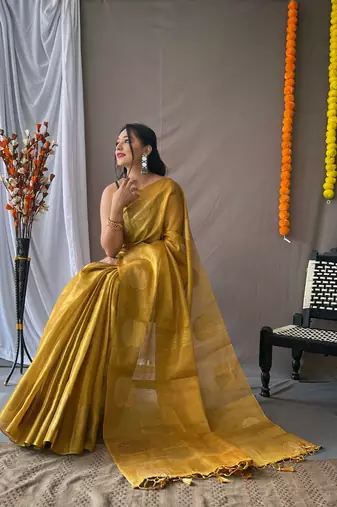 Golden Tissue Silk Zari weaving Thread work saree with Blouse