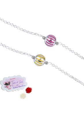 Handmade combo of 2 beaded rakhis yellow purple with silver chain for brother bhaiya 1