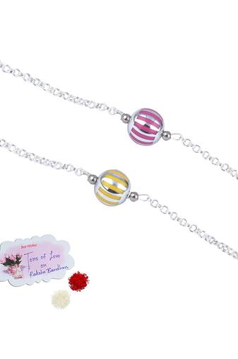Handmade combo of 2 beaded rakhis yellow purple with silver chain for brother bhaiya