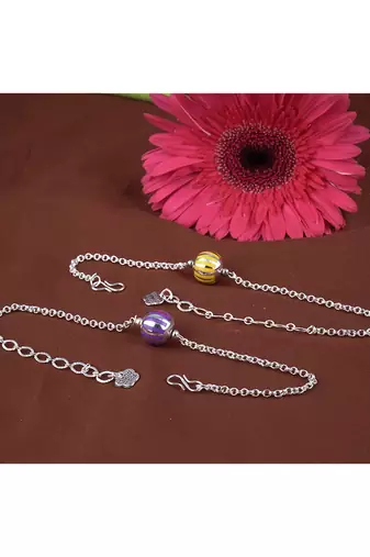 Handmade combo of 2 beaded rakhis yellow purple with silver chain for brother bhaiya