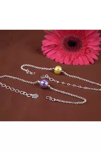Handmade combo of 2 beaded rakhis yellow purple with silver chain for brother bhaiya