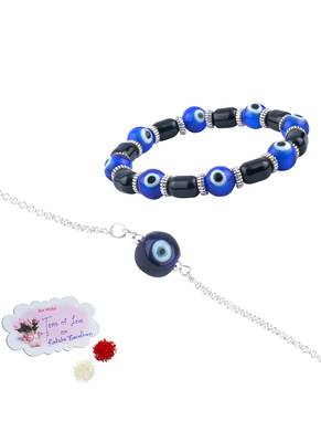 Handmade rakhi combo couple pair blue evil eye bracelets unisex silver plated for bhaiya bhabhi 1