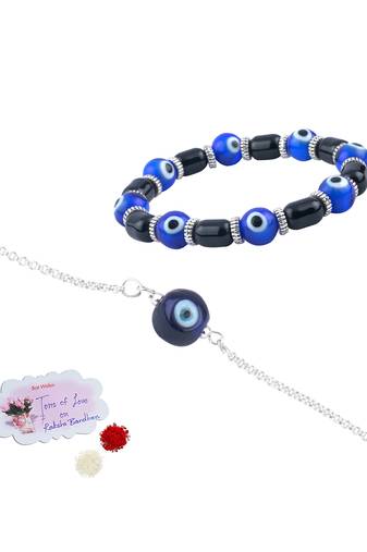 Handmade rakhi combo couple pair blue evil eye bracelets unisex silver plated for bhaiya bhabhi