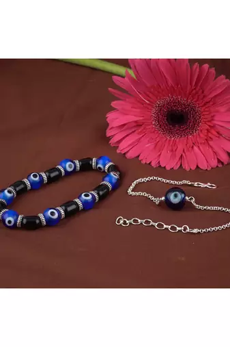 Handmade rakhi combo couple pair blue evil eye bracelets unisex silver plated for bhaiya bhabhi