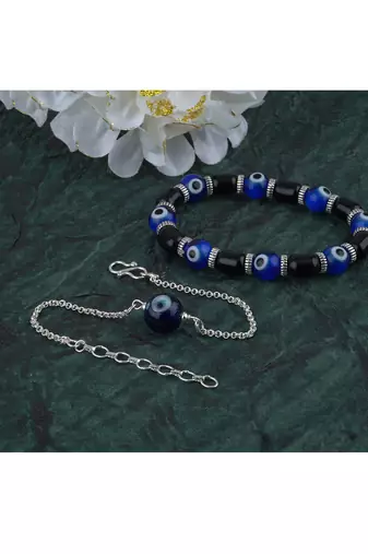 Handmade rakhi combo couple pair blue evil eye bracelets unisex silver plated for bhaiya bhabhi