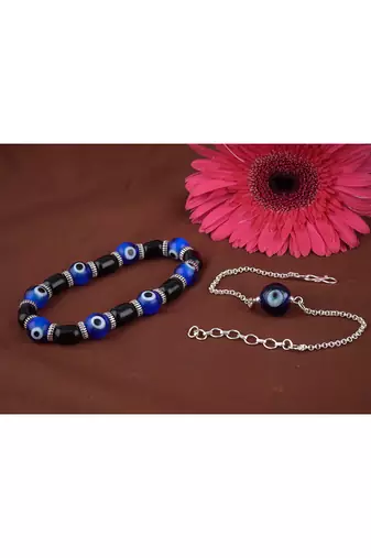 Handmade rakhi combo couple pair blue evil eye bracelets unisex silver plated for bhaiya bhabhi