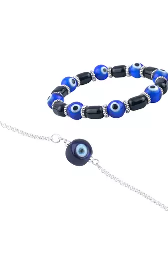 Handmade rakhi combo couple pair blue evil eye bracelets unisex silver plated for bhaiya bhabhi