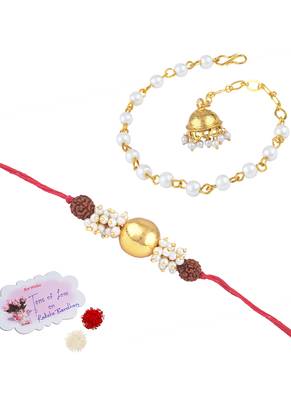 Handmade combo couple pair gold bead pearl rudraksh rakhi & gold jhumki charm bracelet set for bhaiya bhabhi 1