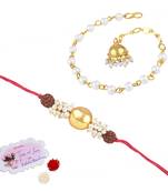 Handmade combo couple pair gold bead pearl rudraksh rakhi & gold jhumki charm bracelet set for bhaiya bhabhi