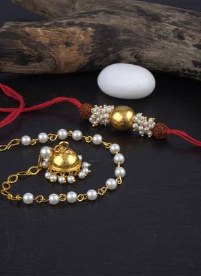 Handmade combo couple pair gold bead pearl rudraksh rakhi & gold jhumki charm bracelet set for bhaiya bhabhi 2