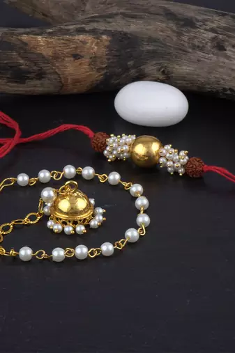 Handmade combo couple pair gold bead pearl rudraksh rakhi & gold jhumki charm bracelet set for bhaiya bhabhi