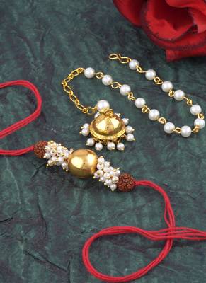 Handmade combo couple pair gold bead pearl rudraksh rakhi & gold jhumki charm bracelet set for bhaiya bhabhi 3