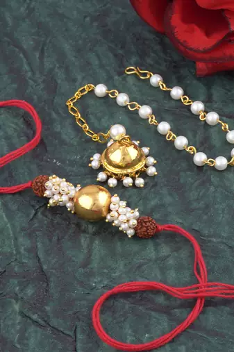 Handmade combo couple pair gold bead pearl rudraksh rakhi & gold jhumki charm bracelet set for bhaiya bhabhi