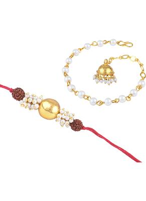 Handmade combo couple pair gold bead pearl rudraksh rakhi & gold jhumki charm bracelet set for bhaiya bhabhi 4