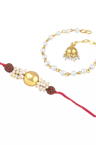 Handmade combo couple pair gold bead pearl rudraksh rakhi & gold jhumki charm bracelet set for bhaiya bhabhi