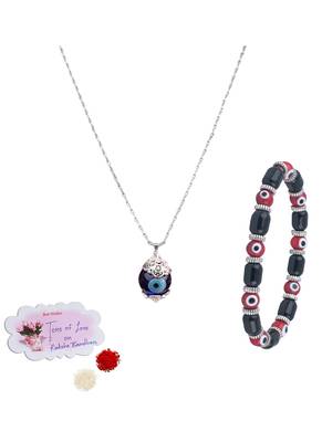 Handmade rakhi combo couple pair red evil eye unisex bracelet and blue evil eye pendant set 1