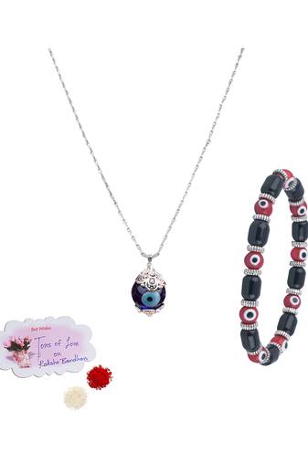 Handmade rakhi combo couple pair red evil eye unisex bracelet and blue evil eye pendant set