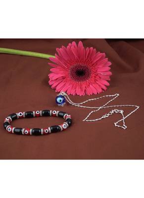 Handmade rakhi combo couple pair red evil eye unisex bracelet and blue evil eye pendant set 2
