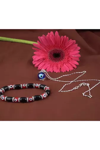 Handmade rakhi combo couple pair red evil eye unisex bracelet and blue evil eye pendant set