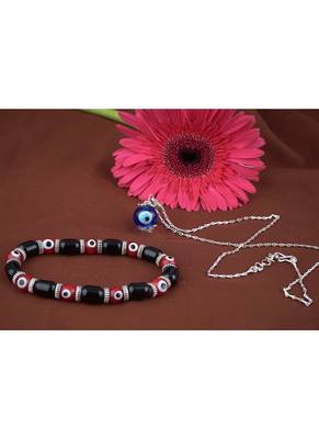 Handmade rakhi combo couple pair red evil eye unisex bracelet and blue evil eye pendant set 3