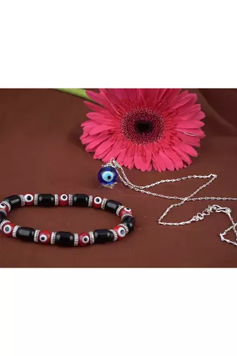 Handmade rakhi combo couple pair red evil eye unisex bracelet and blue evil eye pendant set