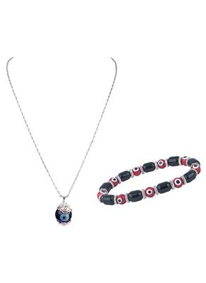 Handmade rakhi combo couple pair red evil eye unisex bracelet and blue evil eye pendant set 4