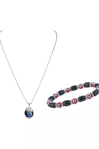 Handmade rakhi combo couple pair red evil eye unisex bracelet and blue evil eye pendant set