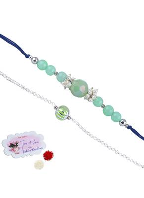 Handmade combo rakhis with semi-precious mint green bead, pearl & green silver plated bead set for brother 1