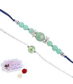 Handmade combo rakhis with semi-precious mint green bead, pearl & green silver plated bead set for brother