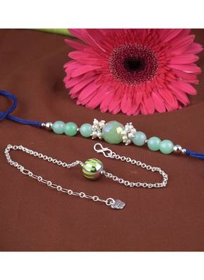 Handmade combo rakhis with semi-precious mint green bead, pearl & green silver plated bead set for brother 2