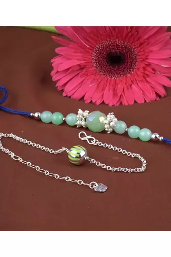 Handmade combo rakhis with semi-precious mint green bead, pearl & green silver plated bead set for brother