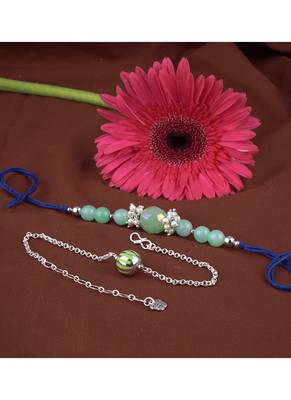 Handmade combo rakhis with semi-precious mint green bead, pearl & green silver plated bead set for brother 3